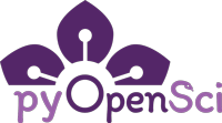 pyOpenSci logo: a purple flower opening over the O in Open, representing open science.